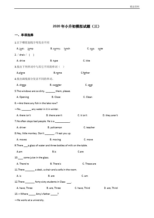 2020年小升初模拟试题(三)陕旅版 三起 (含答案).doc