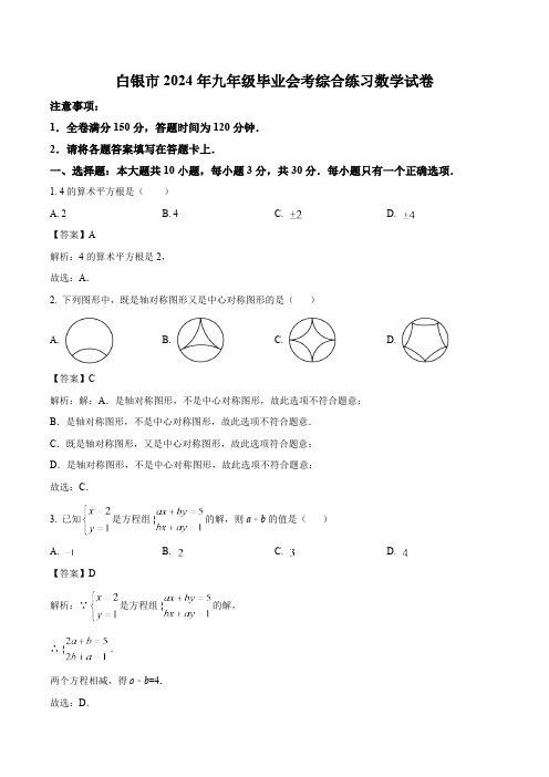 甘肃省白银市2024届九年级下学期中考三模数学试卷(含解析)