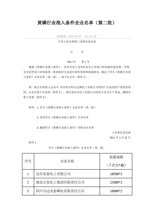 黄磷行业准入条件企业名单(第二批)