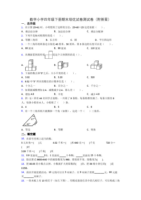 数学小学四年级下册期末培优试卷测试卷(附答案)