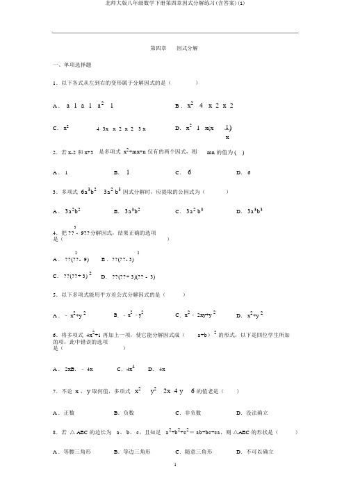 北师大版八年级数学下册第四章因式分解练习(含答案)(1)