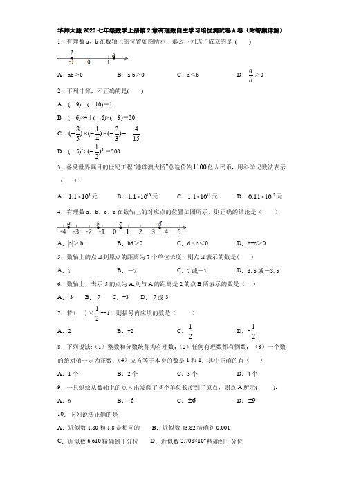 华师大版2020七年级数学上册第2章有理数自主学习培优测试卷A卷(附答案详解)