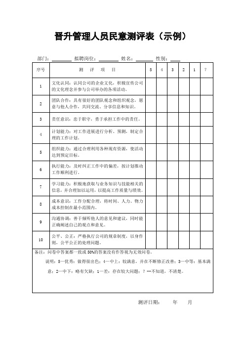 晋升管理人员民意测评表