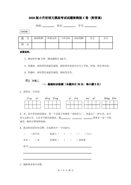 2020版小升初语文摸底考试试题浙教版C卷 (附答案)