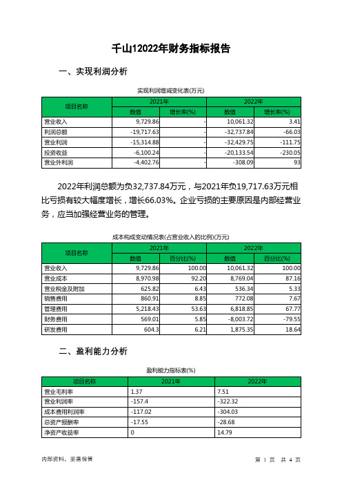 400093千山12022年财务指标报告