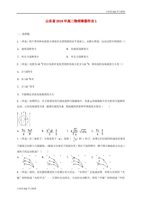 推荐学习高中二年级物理寒假作业(1)《选修3-1、3-2》