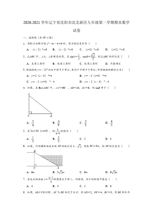 2020-2021学年辽宁省沈阳市沈北新区九年级(上)期末数学试卷(含解析)