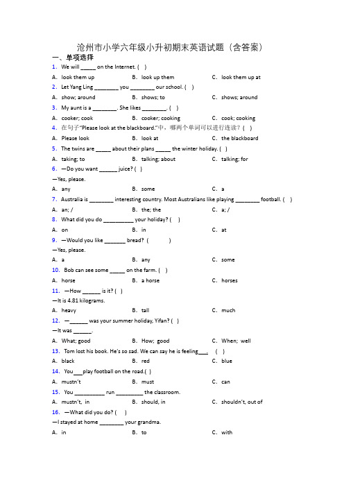 沧州市小学六年级小升初期末英语试题(含答案)