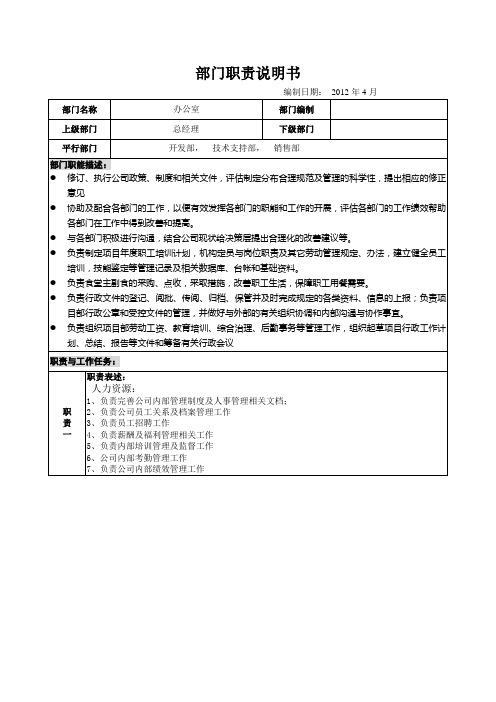 办公室岗位职能,职责表：总结 计划 汇报 设计 纯word可编辑