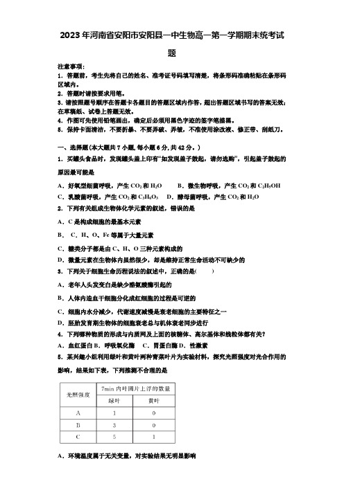 2023年河南省安阳市安阳县一中生物高一第一学期期末统考试题含解析