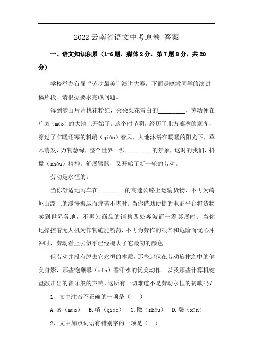 2022云南省语文中考原卷+答案