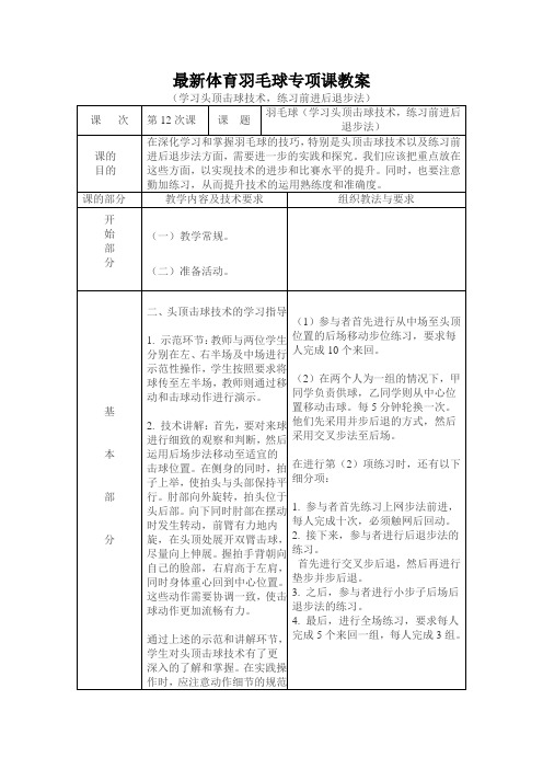 最新中学体育羽毛球专项课教案(学习头顶击球技术,练习前进后退步法)