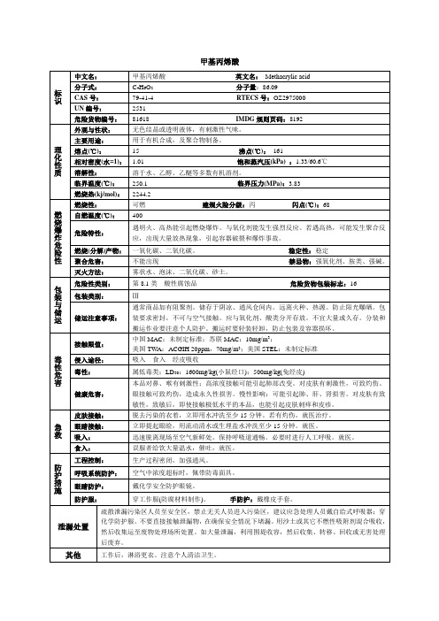 甲基丙烯酸化学品安全技术说明书MSDS