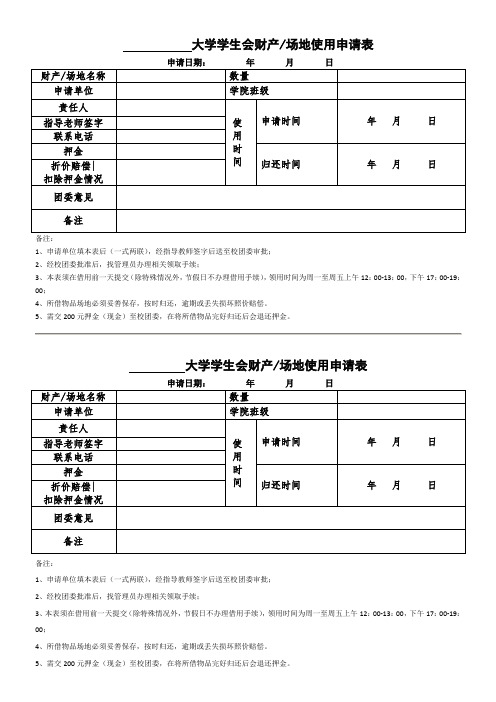 场地及设备物品使用申请表