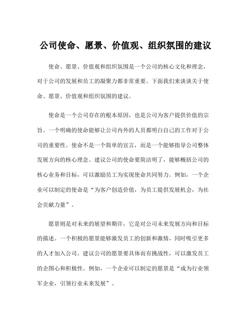 公司使命、愿景、价值观、组织氛围的建议