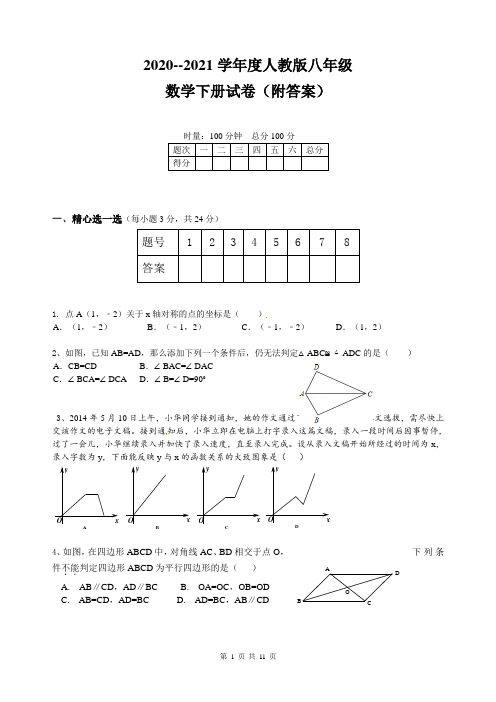 2020--2021学年度人教版八年级数学下册试卷(附答案)