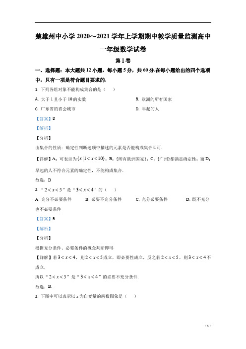 【精准解析】云南省楚雄州中小学2020-2021学年高一上学期期中考试教学质量监测数学试卷