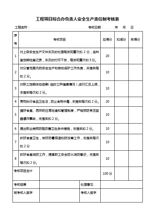 工程项目综合办负责人安全生产责任制考核表(标准版)