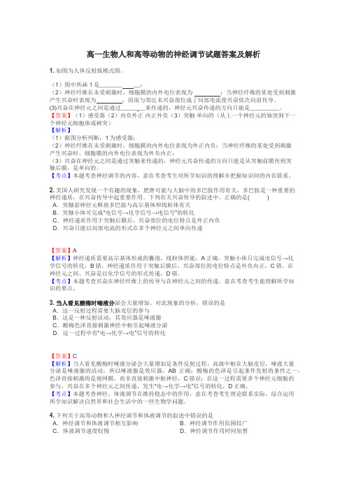 高一生物人和高等动物的神经调节试题答案及解析
