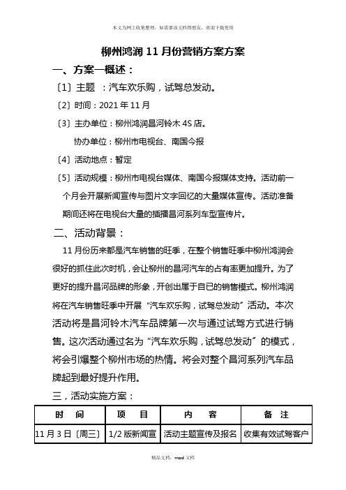 XXXX年柳州鸿润汽车4S店月份活动计划(2021整理)