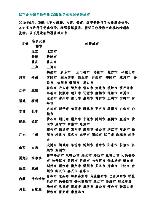 已开通CMMB数字电视信号的城市