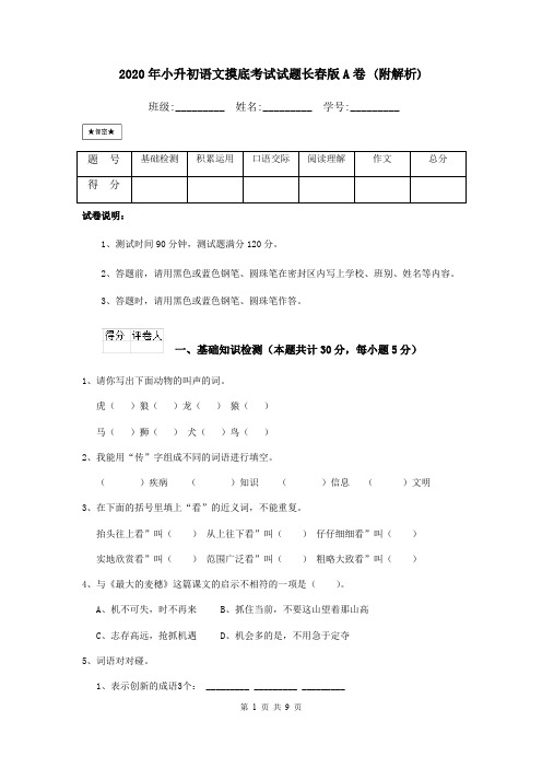 2020年小升初语文摸底考试试题长春版A卷 (附解析)