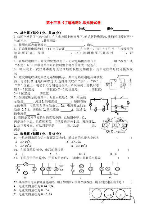 九年级物理第十三章《了解电路》单元测试卷沪科版