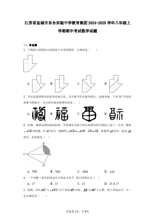 江苏省盐城市东台实验中学教育集团2024-2025学年八年级上学期期中考试数学试题