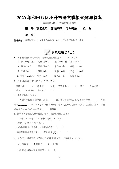 2020年和田地区小升初语文模拟试题与答案