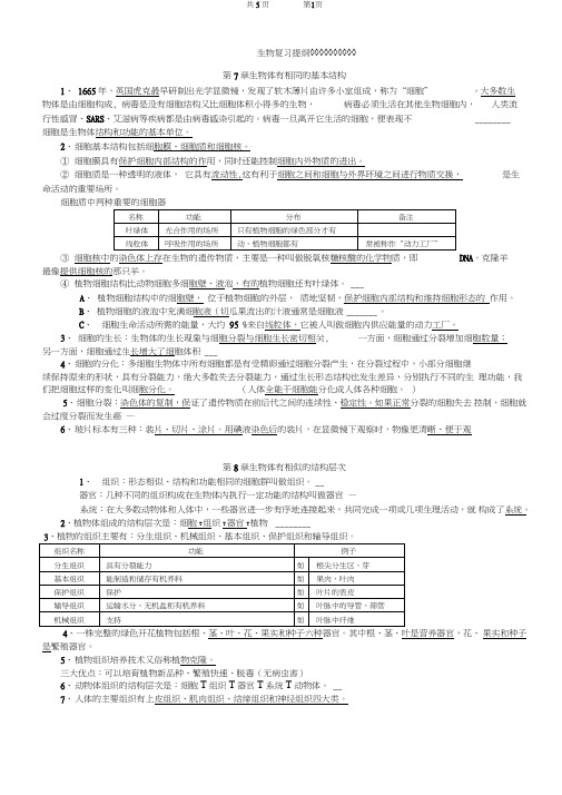 苏科版七年级下册生物复习提纲