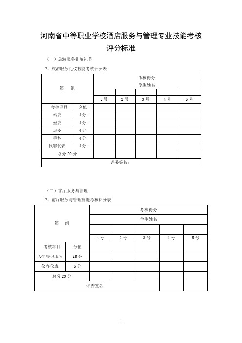 酒店服务与管理技能考核评分标准
