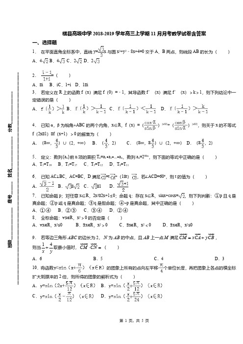 横县高级中学2018-2019学年高三上学期11月月考数学试卷含答案