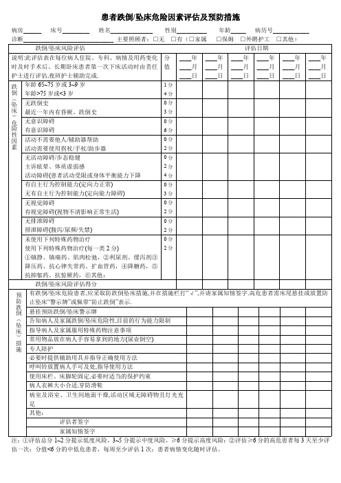 跌倒坠床危险因素评估及防范措施表格