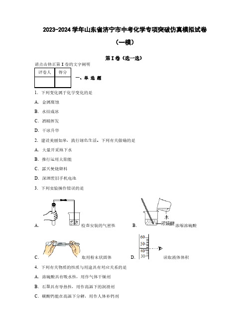 【中考化学】2023-2024学年山东省济宁市学情检测仿真模拟试卷合集2套(含答案)