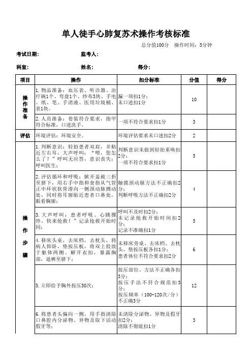 单人徒手心肺复苏术操作考核标准