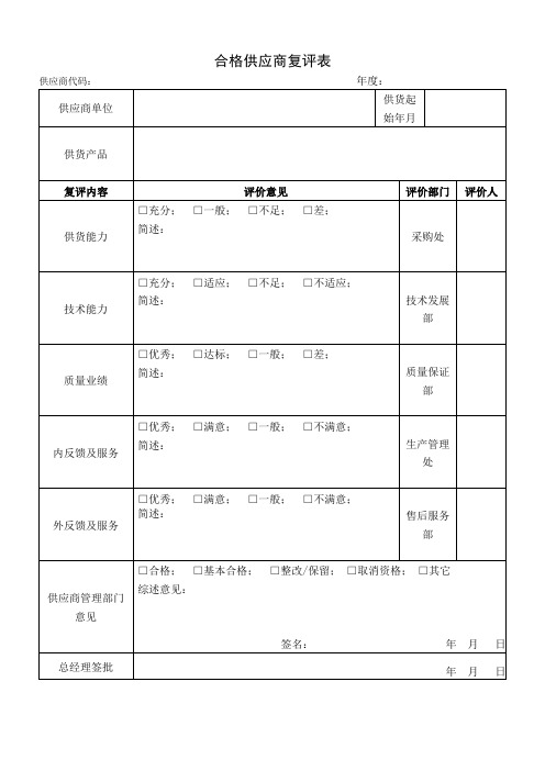 合格供应商复评表