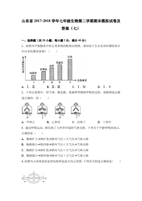 山东省2017-2018学年七年级生物第二学期期末模拟试卷及答案(七)