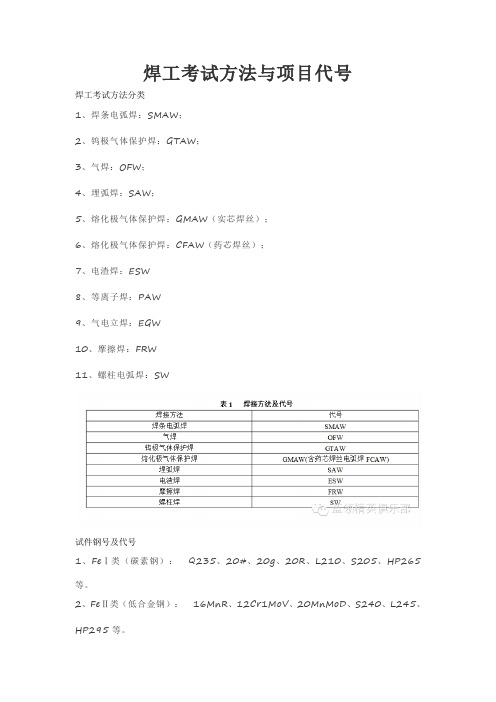 焊工考试方法与项目代号