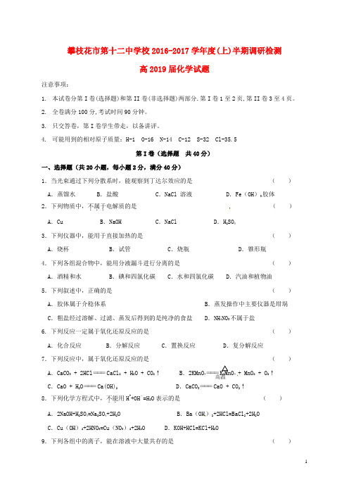 四川省攀枝花市第十二中学高一化学上学期期中调研试题