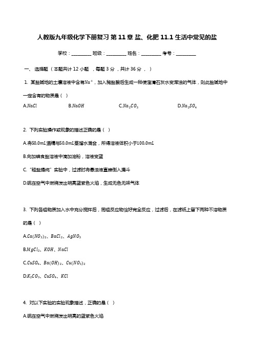 人教版九年级化学下册复习_第11章_盐、化肥_生活中常见的盐(有答案)