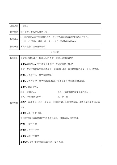 名牌小学国学经典国文诵读《花岛》校本课程表格式教案