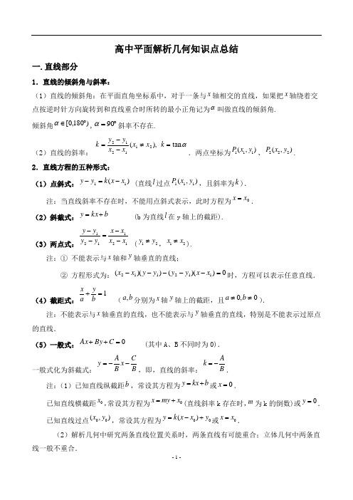 高考数学必备：高中平面解析几何知识点总结