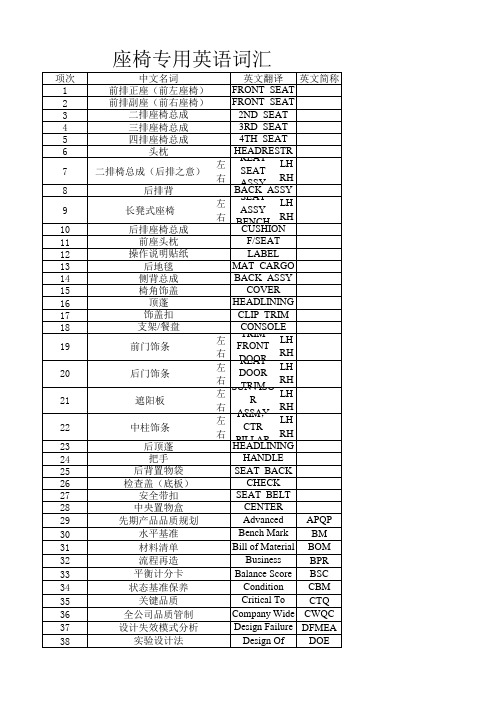 座椅专用英语词汇
