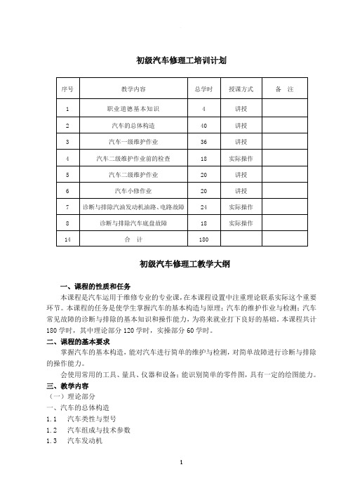 汽车修理工培训计划及大纲(初、中级)