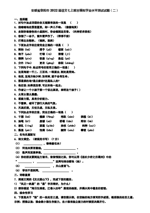 安徽省阜阳市2022届语文七上期末模拟学业水平测试试题(二)