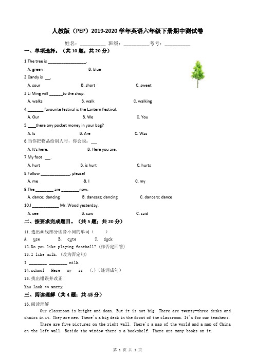 人教版(PEP)2019-2020学年英语六年级下册期中测试卷