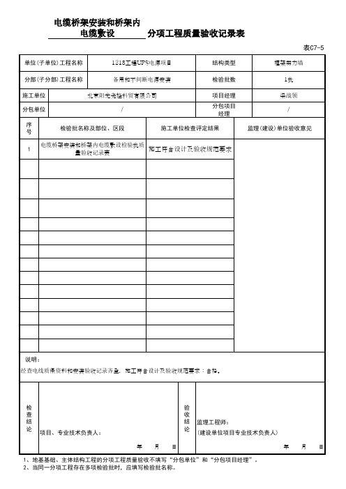 表C7-5_分项工程质量验收记录  电缆桥架安装和桥架内电缆敷设检验批质量验收记录表