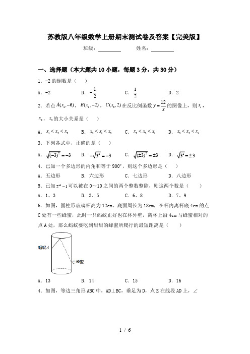 苏教版八年级数学上册期末测试卷及答案【完美版】