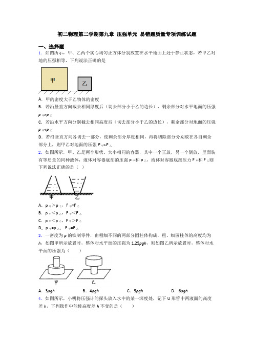 初二物理第二学期第九章 压强单元 易错题质量专项训练试题