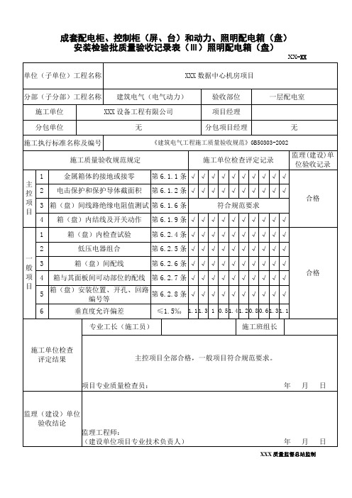 照明配电箱安装检验批质量验收记录表